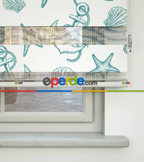 Bebek Odası Zebra Perde - Gemici Baskılı Zebra Perde- Beyaz-Turkuaz-Su Yeşili