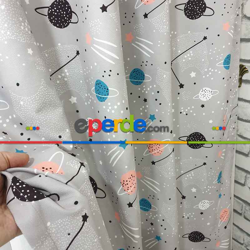 Uzay Gezegen Desenli Fon Perde Evm497 Kumaşı Kalındır Duck Bezi Değildir- Siyah- Çok Renkli 3