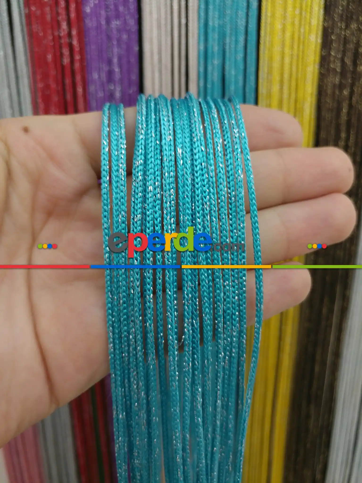 Açık Mavi Rengi İp Perde Kalın Zincir Simli Serisi- Mavi-gümüş