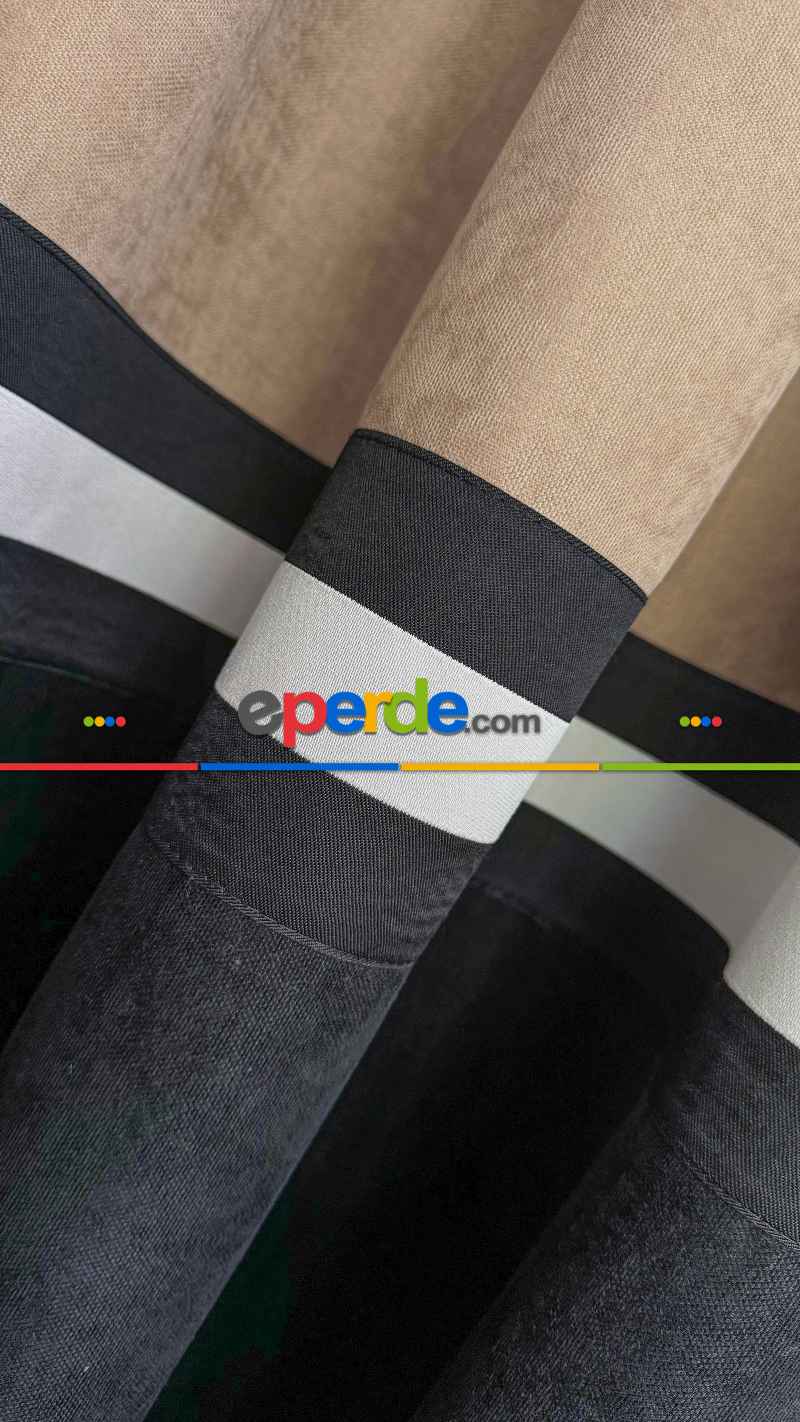 Siyah Ve Bej Rengi Kombinli Fon Perde, İki Kumaş Bordür İle Birleştirilmiştir, Özel Tasarımdır.