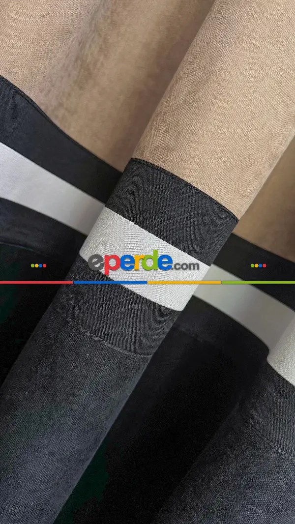 Siyah Ve Bej Rengi Kombinli Fon Perde, İki Kumaş Bordür İle Birleştirilmiştir, Özel Tasarımdır.