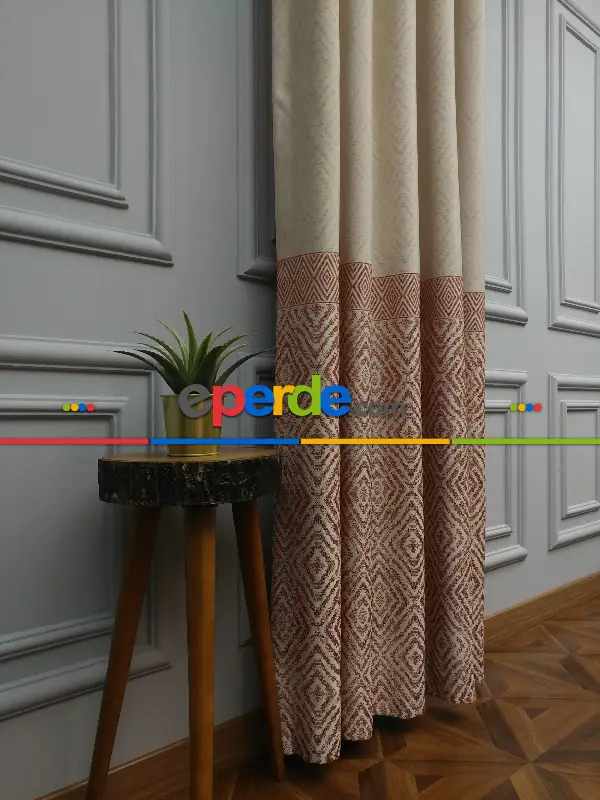 Kıremit Desenli Pano Fon Perde- Kiremit- Taş Rengi