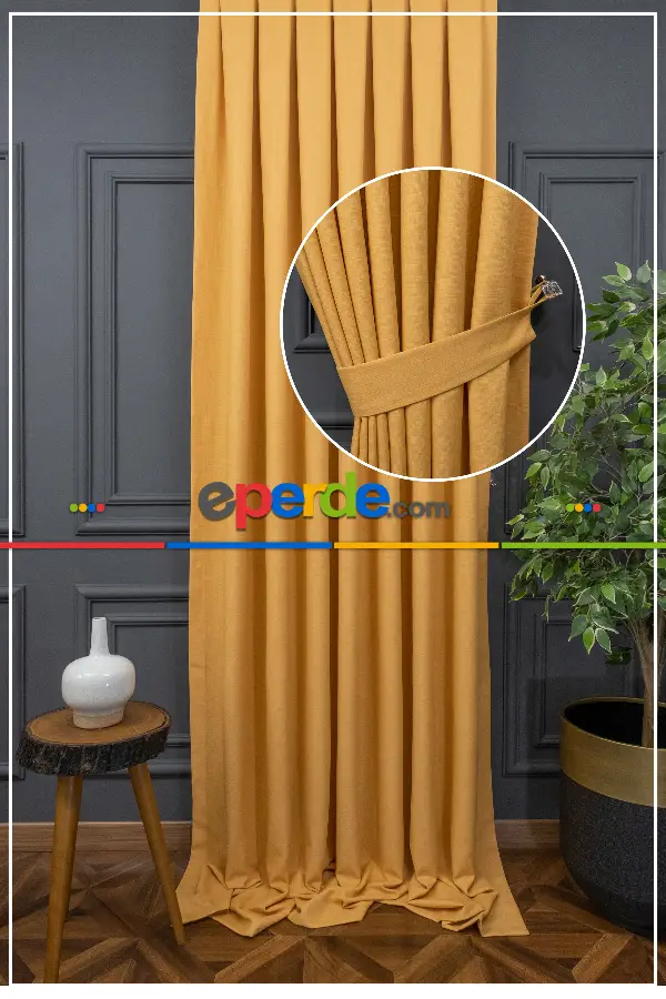 Yatak Odası - Keten Sarı Renk Düz Fon Perde- Hardal