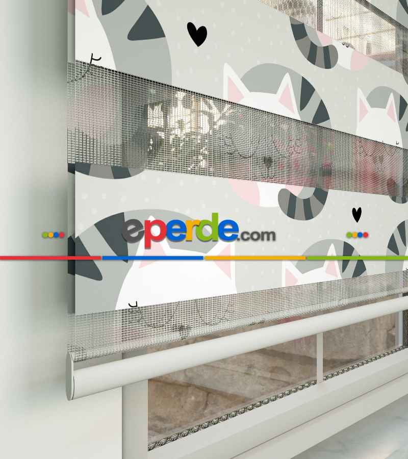 Kedicik Desenli Baskılı Zebra Perde- Çok Renkli