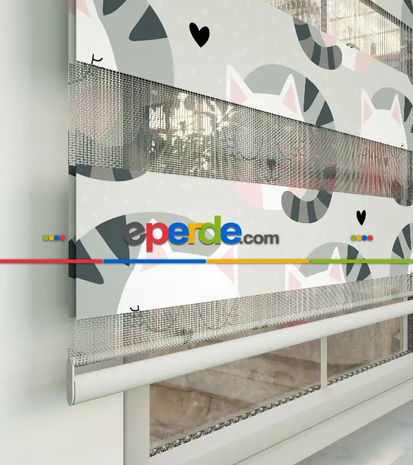 Kedicik Desenli Baskılı Zebra Perde- Çok Renkli