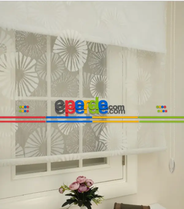 Çiftli Sistem Tül Perde Pervane Desen Beyaz