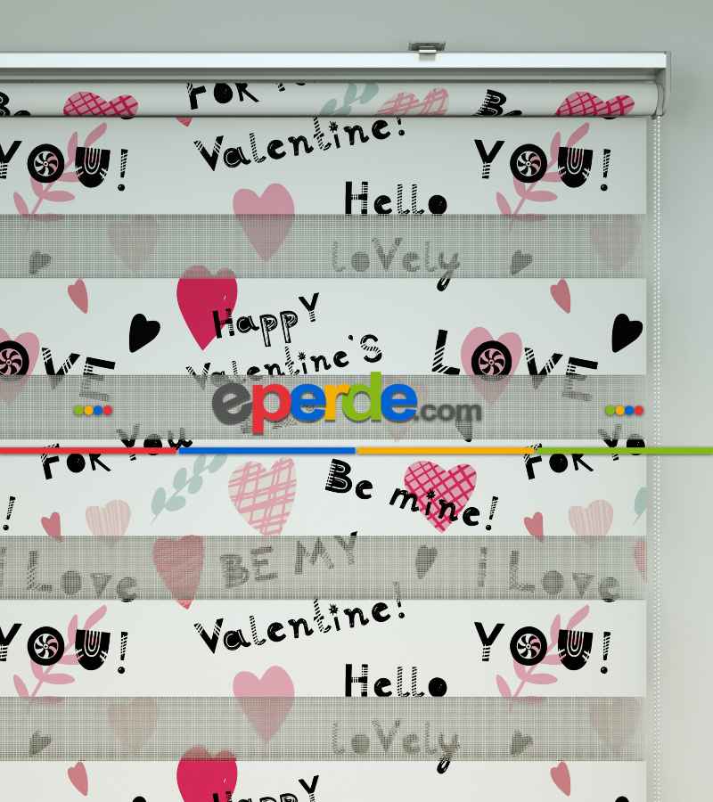 Kalp Desenli Baskılı Zebra Perde- Çok Renkli