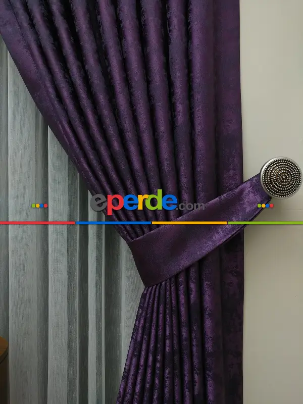 Patine Desenli Patlıcan Moru Renk Jakar Desenli Fon Perde- Mor Patlıcan Moru