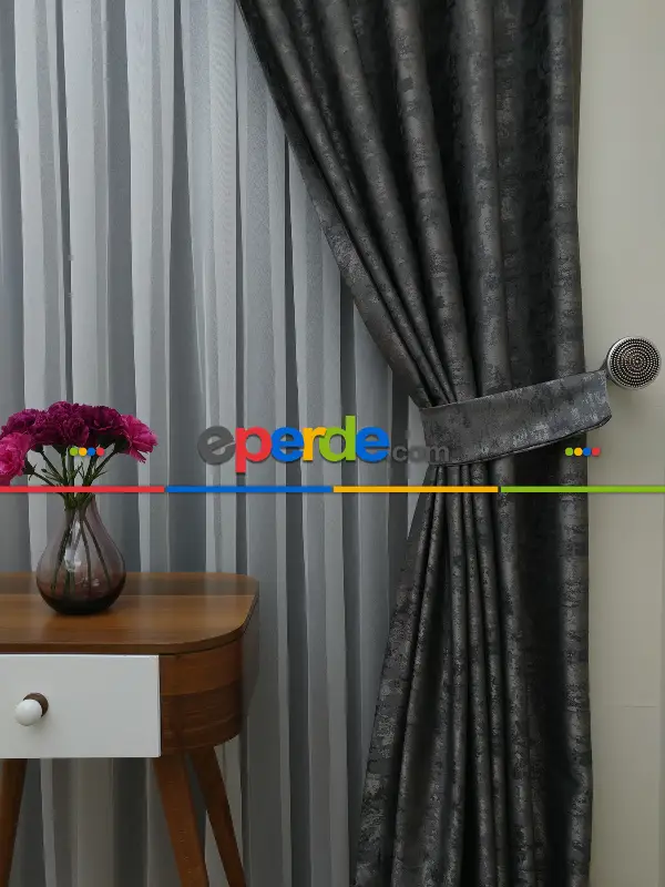 Gri - Katyonik Jakar Fon Perde- Gri-füme-antrasit