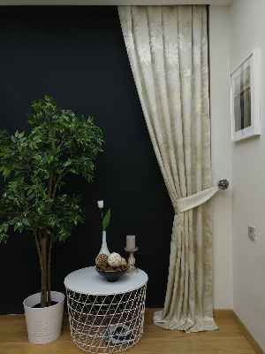 Krem Yaprak Desenli Jakar Fon Perde- Krem