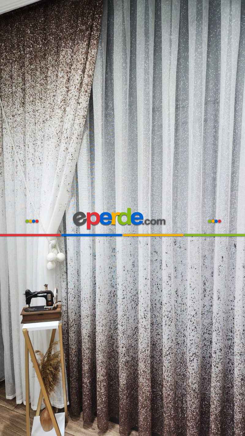 Mutfak - Üsten Dikim Renkli Kahverengi-vizon Püskürtme Tül Fon Perde