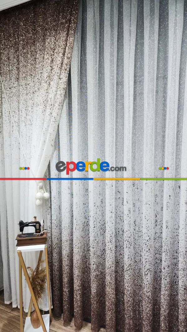 Salon Fon Perde - Üsten Dikim Renkli Kahverengi-vizon Püskürtme Tül Fon Perde