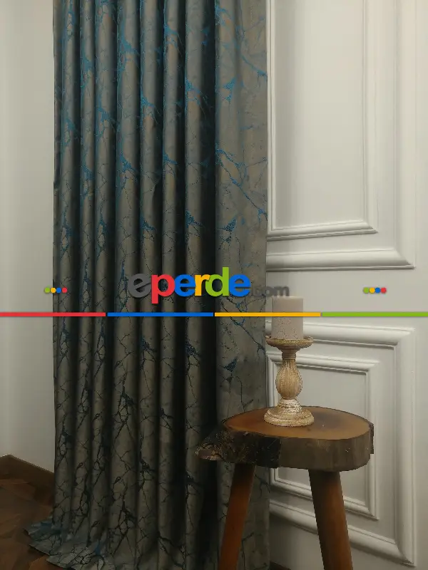 Granit Desen Jakar Fon Perde- Petrol Mavisi