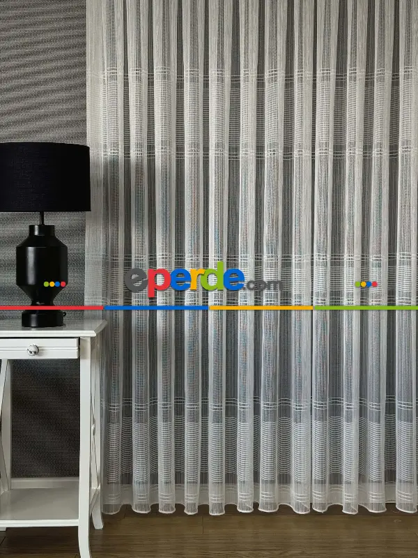 Yatak Odası Ekru Zincir Çizgili Desen Tül Perde - Yüksek Kalite Kurşunlu Tül
