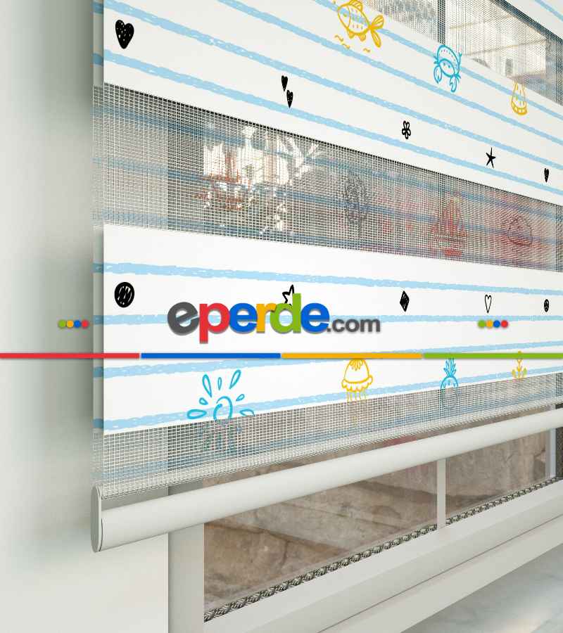 Denizci Desen Baskılı Zebra Perde- Çok Renkli