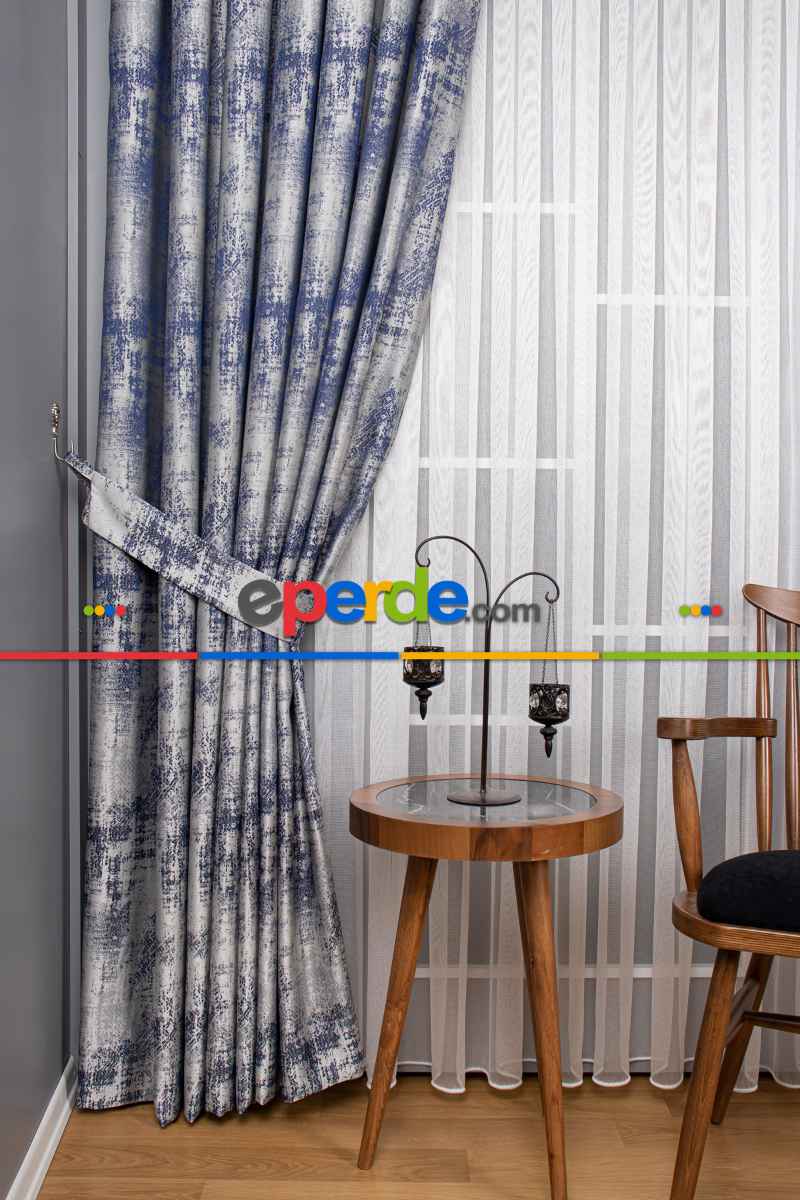 Jakar Dokuma Fon Perde - Mavi - Gri