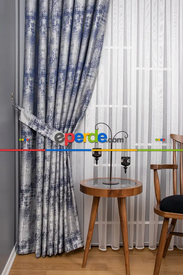 Jakar Dokuma Fon Perde - Mavi - Gri