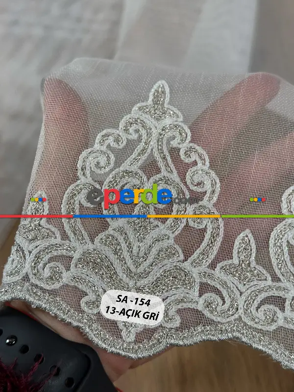 Oturma Odası - Ekru/gri/antrasit Gri Etek Ucu Özel İplik Hafif Simli Damask Brode İşlemeli Tül Perde - Ağır Gramajlı Premium Nakışlı