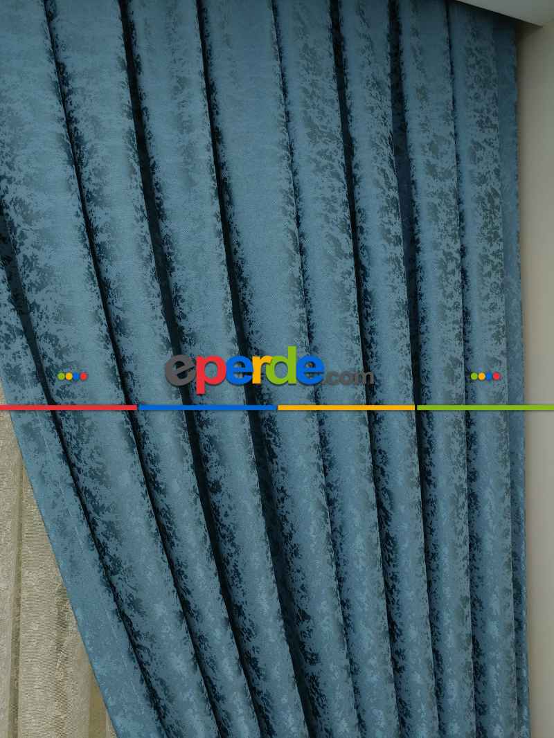 İndiğo Rengi Kendinden Desenli Jakar Fon Perde (285 En)- Mavi Koyu