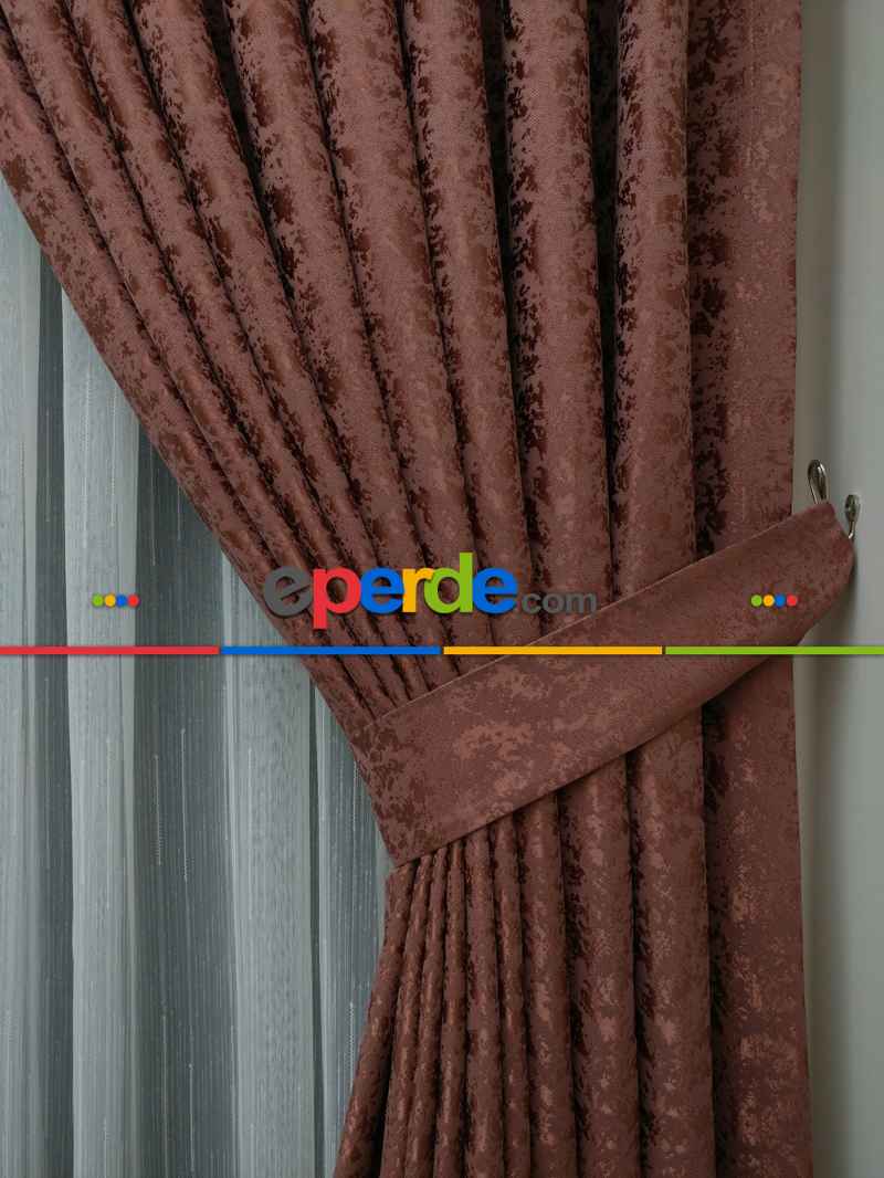 Bakır Rengi Kendinden Desenli Jakar Fon Perde (285 En)- Kiremit Rengi