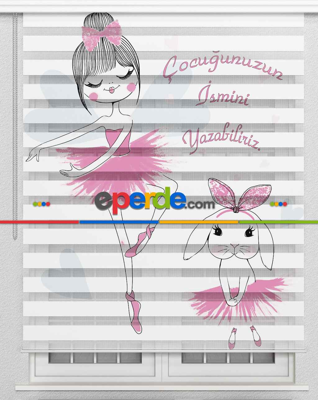Çocuk Odası - Balerin Ve Tavşan Özel Poster Baskılı Zebra Perde- Pembe