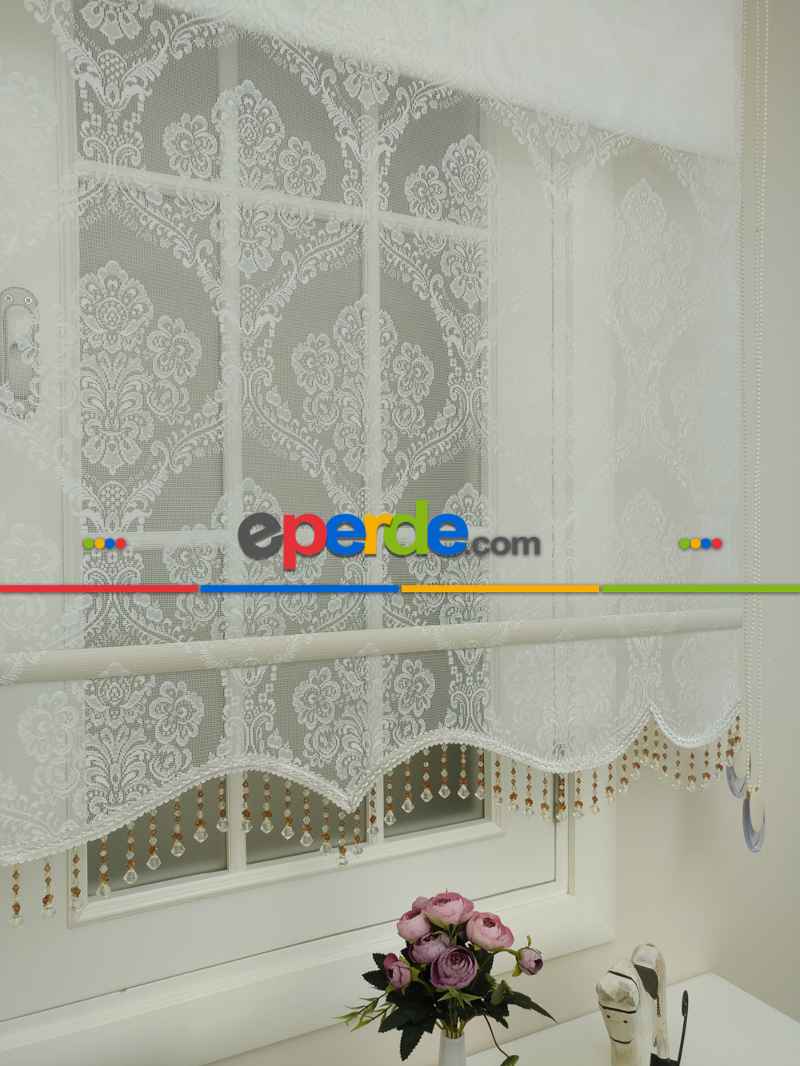 Brillant Çiftli Sistem Tül Ve Stor Perde - Büyük Damask Ekru Renk - Mekanik Perde