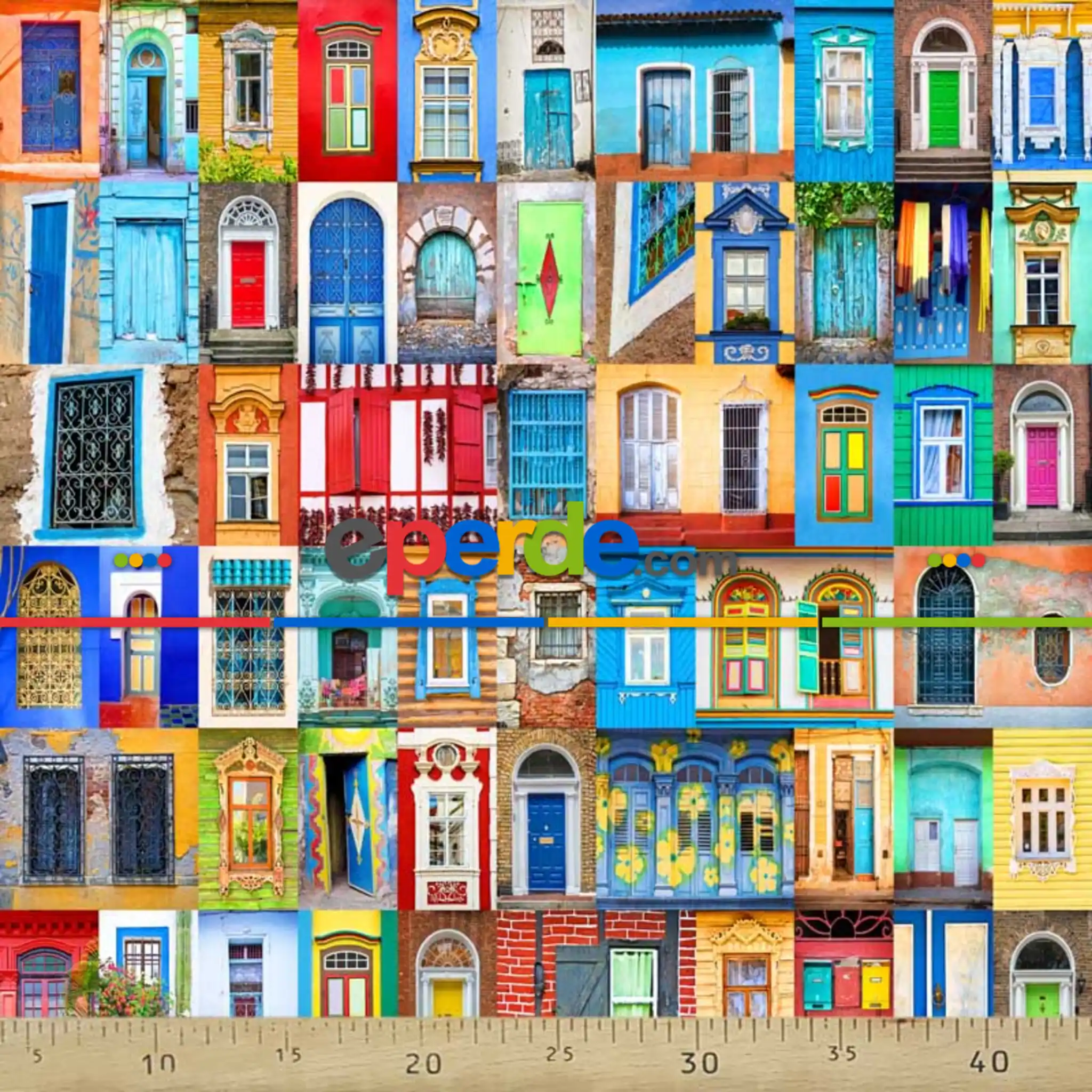 Renkli Kapı Pencere Desenli Fon Perde Evm1070 Kumaşı Kalındır Duck Bezi Değildir- Mavi-Turuncu-Kırmızı Açık- Çok Renkli 3