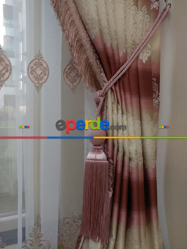 Renk Geçişli Jakar Desenli Salon Fon Perdesi - Pembe - Kiremit - Bej ( Kendinden Saçaklı)- Bej-pembe-kiremit Rengi