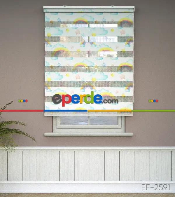 Yıldız Desenli Baskılı Zebra Perde- Çok Renkli