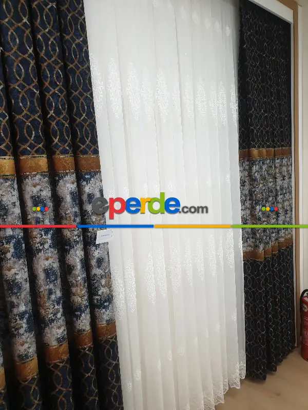 Yatak Odası - Brillant Fon Perde Fon Perde Yeni Moda Model Lacivert Renk Tasarım Yan Perde