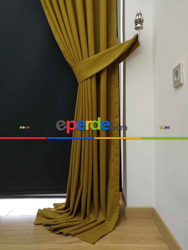 Düz Renk Dökümlü Fon Perde (150)- Hardal Yeşili