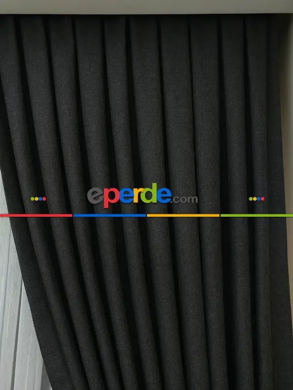 Yatak Odası - Keten Füme Antrasit Renk Düz Fon Perde (  )- Füme