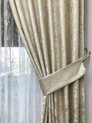 Patinedesenli Krem - Katyonik Jakar Fon Perde- Krem