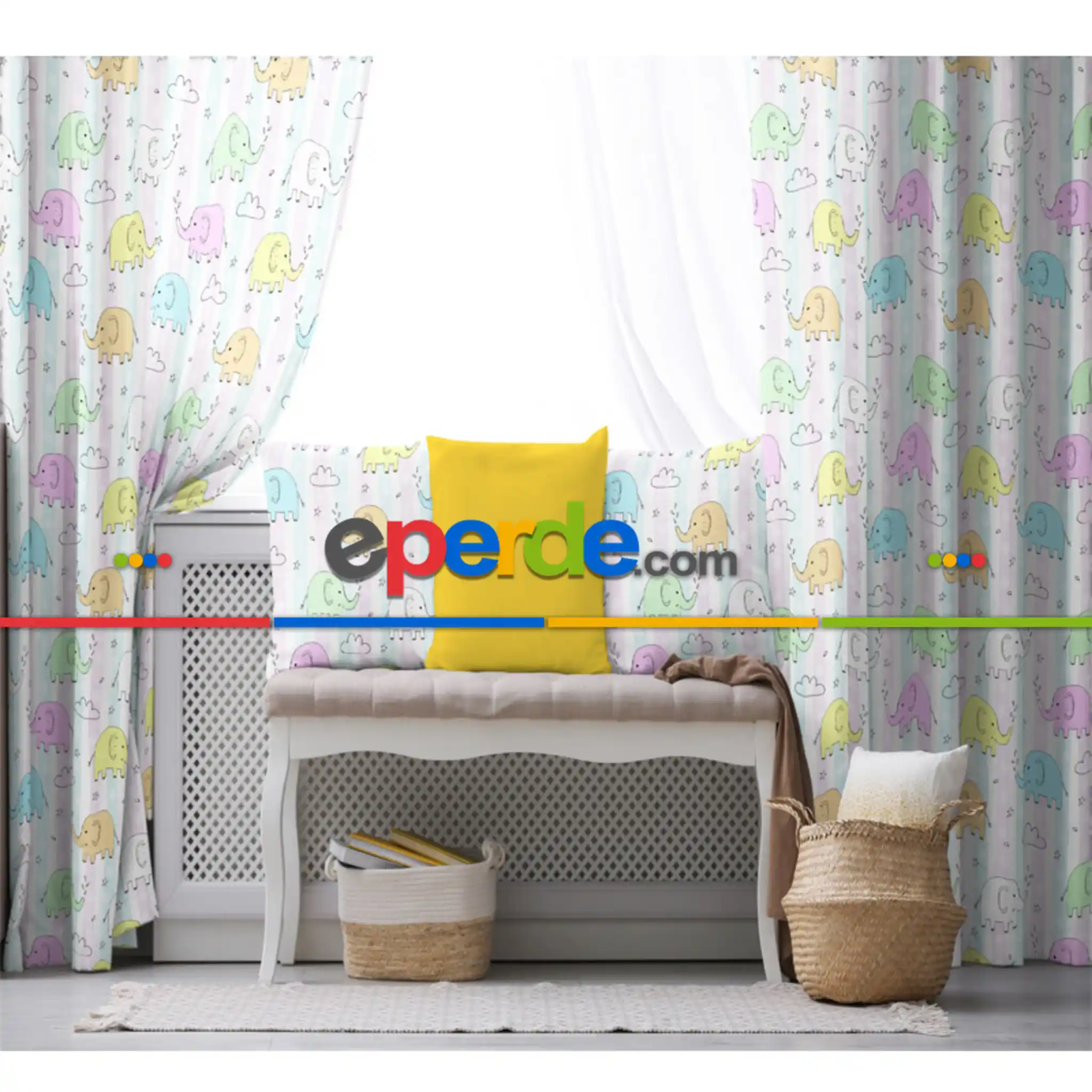 Çocuk Odası - Çocuk Desenli Fon Perde Evim916 Kumaşı Kalındır Duck Bezi Değildir- Mavi-beyaz