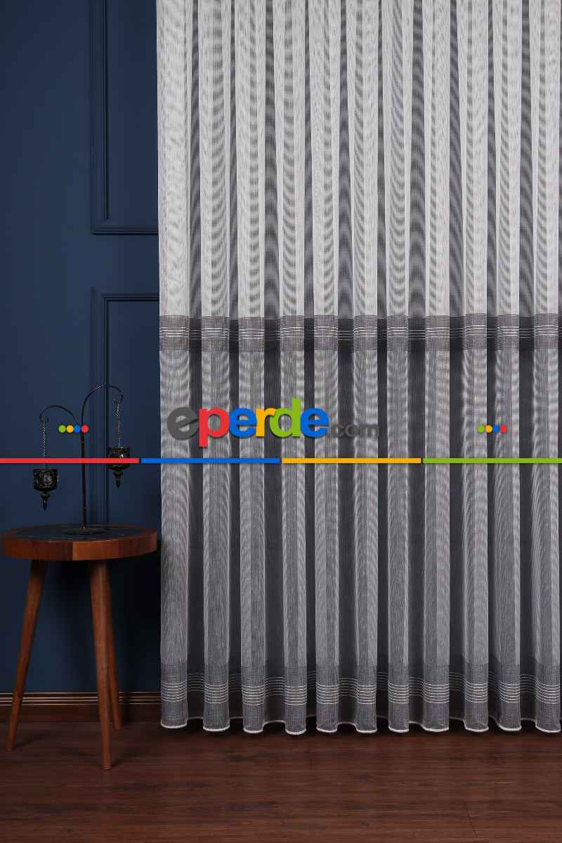 Yatak Odası - Ekru - Antrasit Gri Düz Tül Perde Ütü Istemez