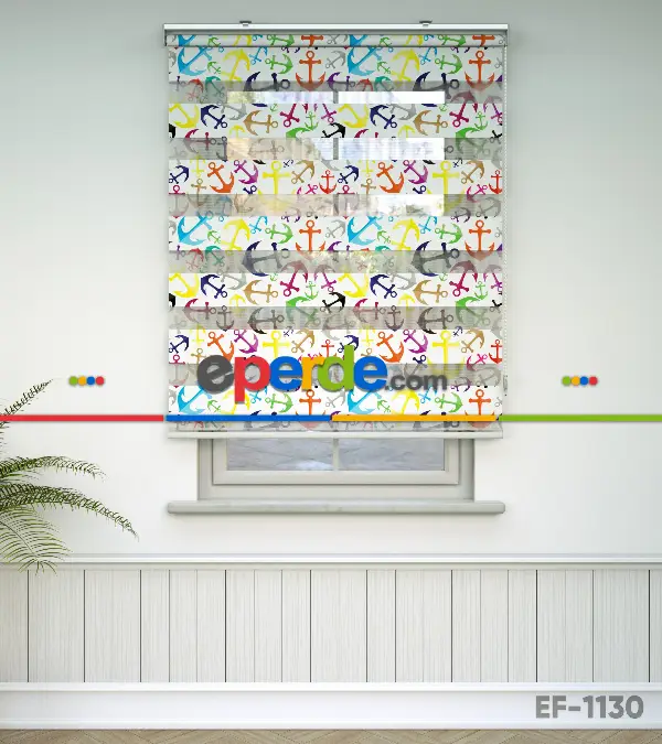 Bebek Odası Zebra Perde - Renkli Çapa Baskılı Zebra Perde- Mavi-Sarı-Beyaz-Turkuaz-Pembe-Su Yeşili