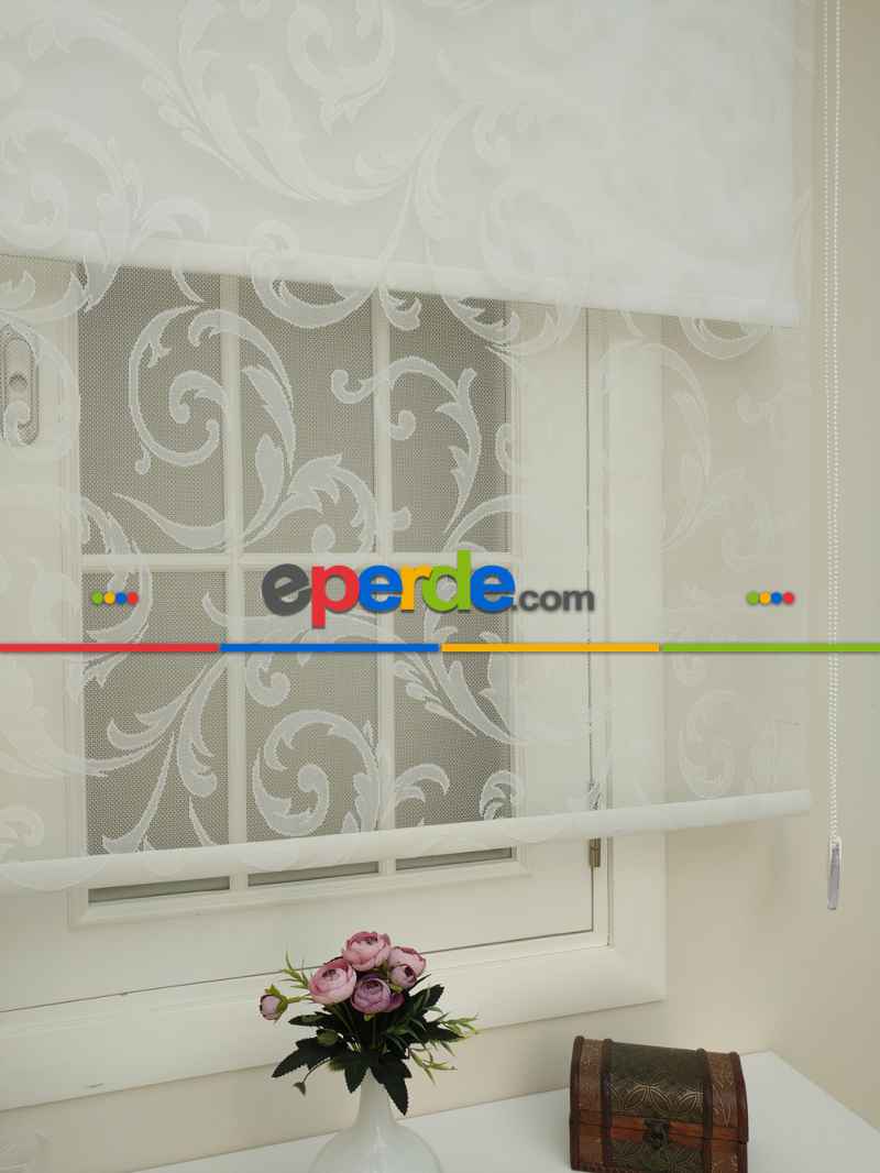 Jakar Örme Tül- Ekru Çiftli Sistem Dantel Desenli Perde- Ekru