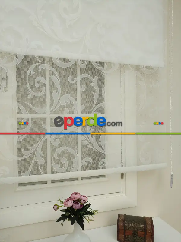 Jakar Örme Tül- Ekru Çiftli Sistem Dantel Desenli Perde- Ekru