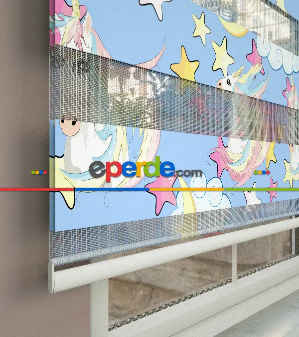 Unicorn Desenli Baskılı Zebra Perde- Çok Renkli