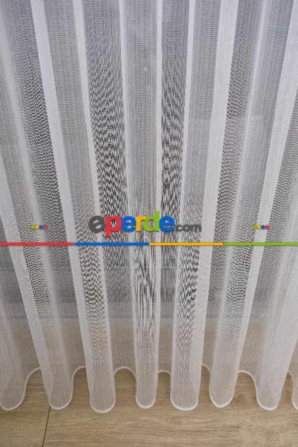 Mutfak - Çizgili Düz Tül Perde - Altın Simli Tül - Ütü İstemez