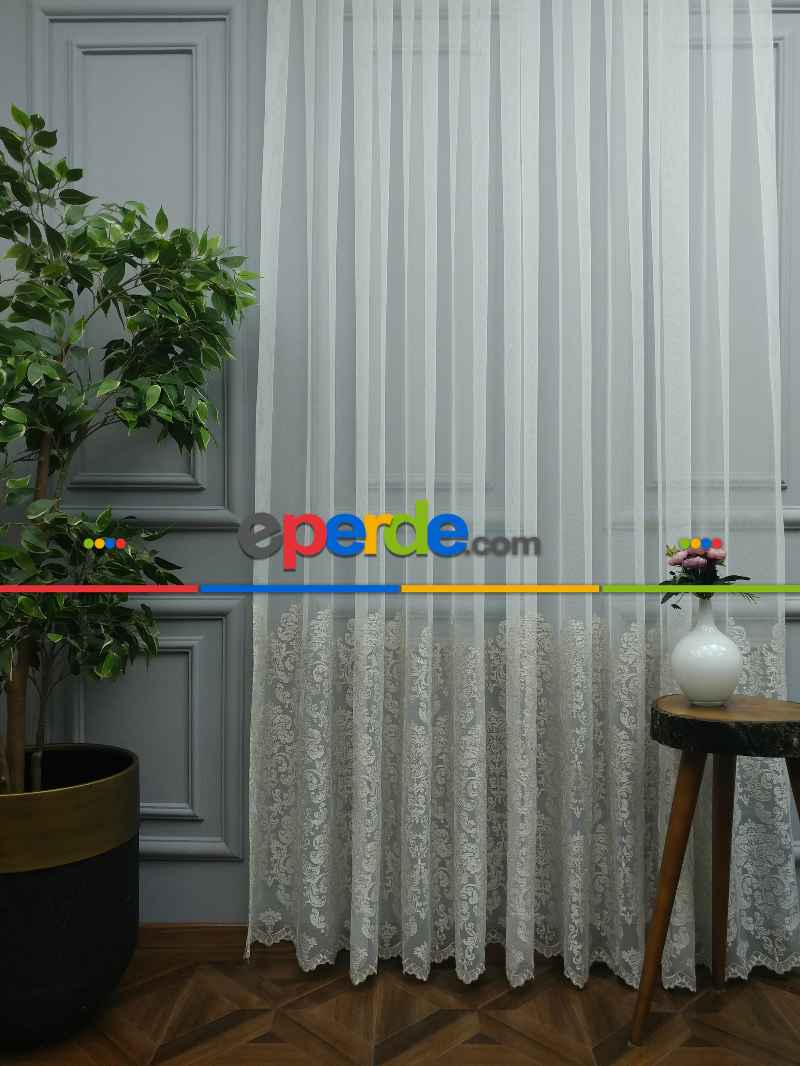 Oturma Odası - Eteği Duble Nakış İşlemeli Lüx Tül Perde Ikon 2021- Krem-altın Simli