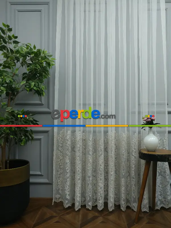 Salon Tül Perde - Eteği Duble Nakış İşlemeli Tül Perde Ikon 2021- Krem