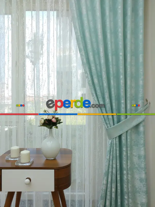 Patinedesenli Su Yeşil - Katyonik Jakar Fon Perde- Su Yeşili