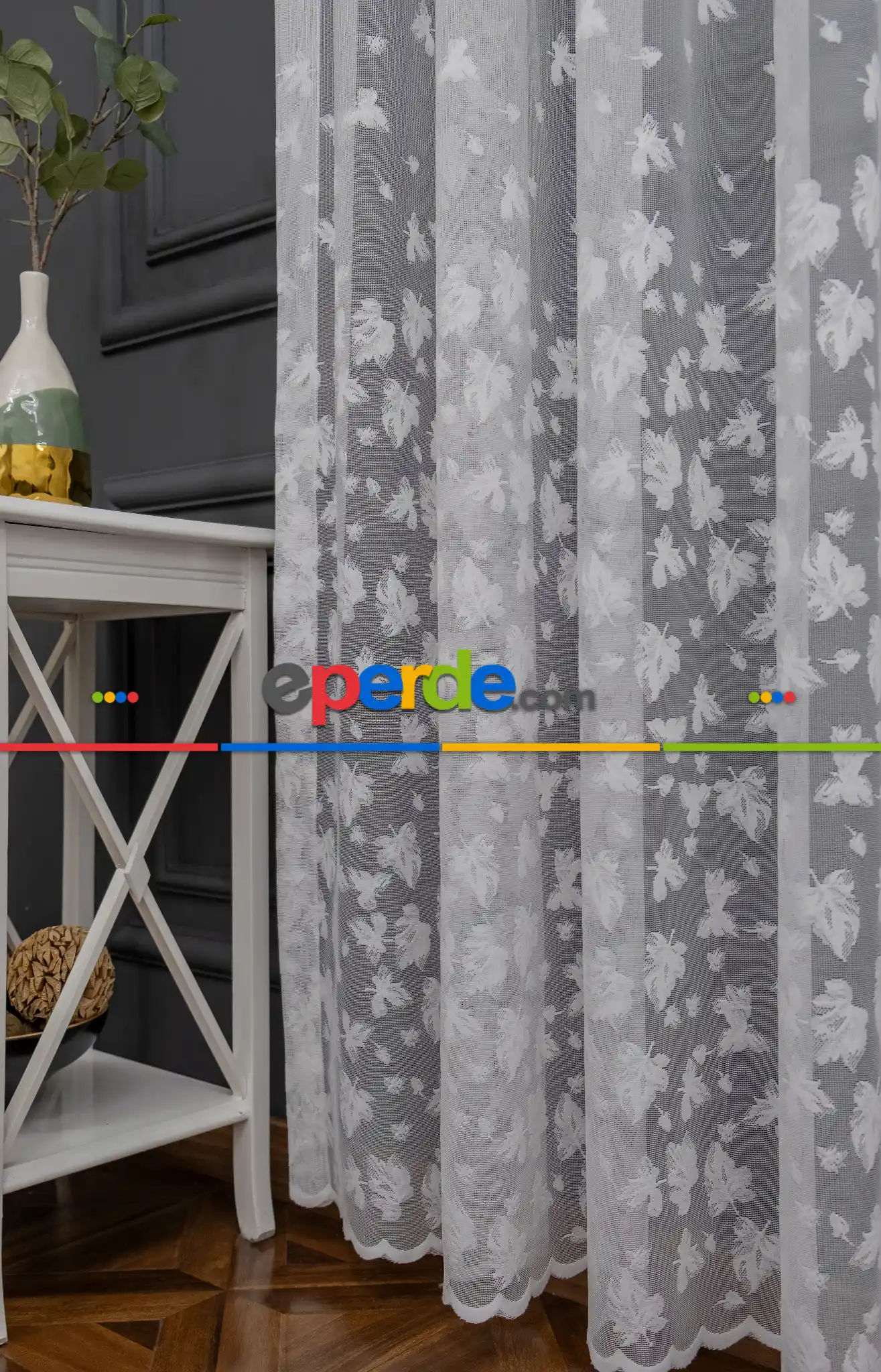 Mutfak Etek Ucu Yaprak Desen Ütü İstemez Kırışmaz Tül