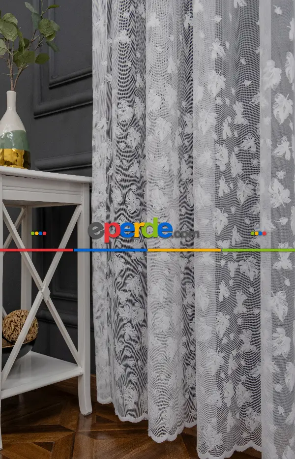 Mutfak Etek Ucu Yaprak Desen Ütü İstemez Kırışmaz Tül