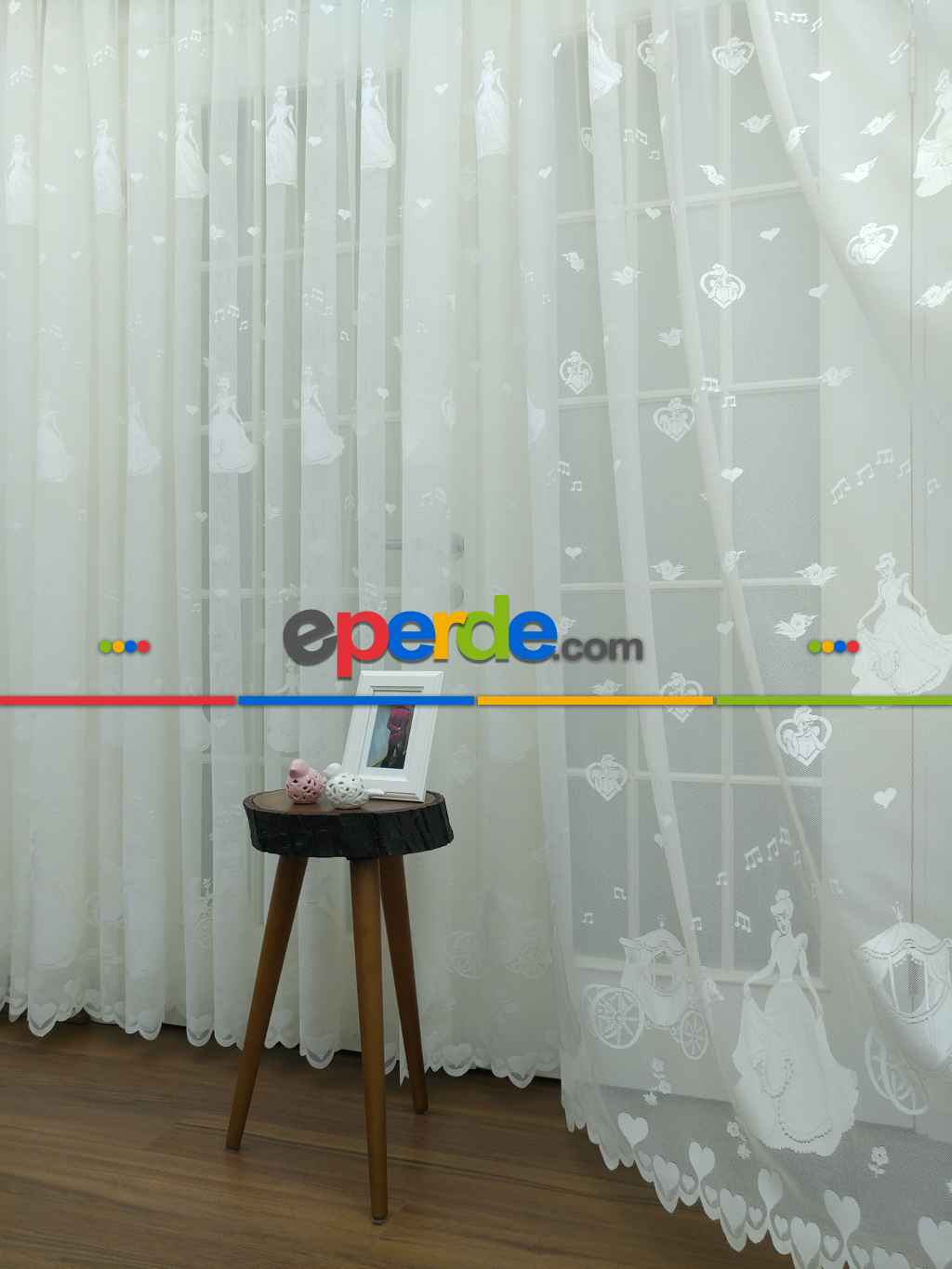 Çocuk Odası Tül Perde - Prenses Sindrella Desenli Tül Perde- Ekru