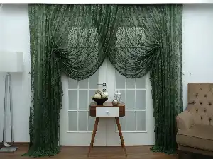 Koyu Yeşil - Damask Desenli Kruvaze Perde- Yeşil Koyu Yeşil