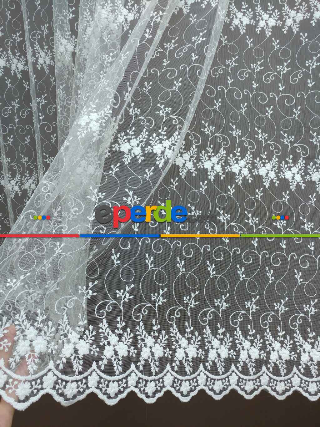 Brode İşlemeli Nakışlı Tül Perde- Ekru