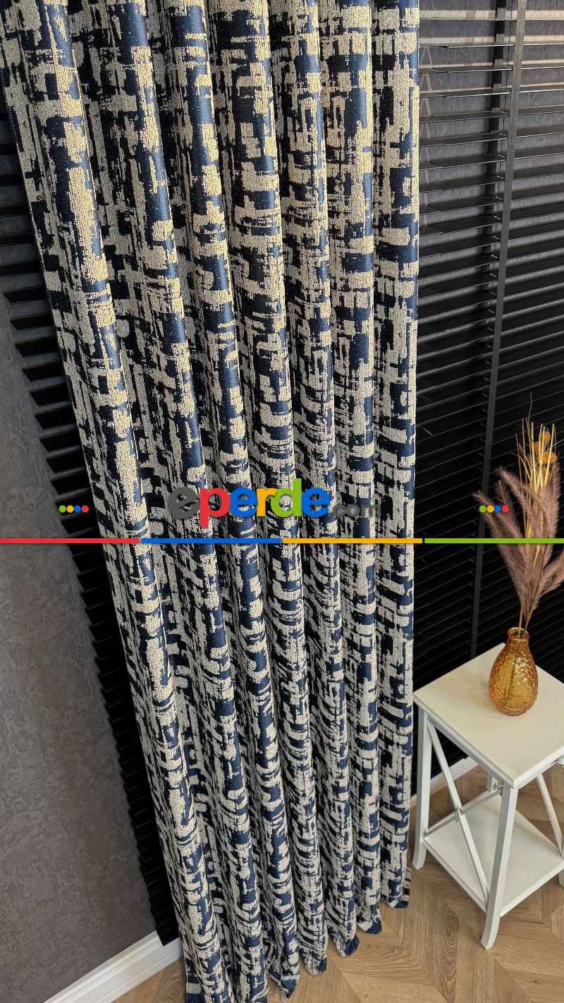 Bej Lacivert Jakar Dokuma Fon Perde