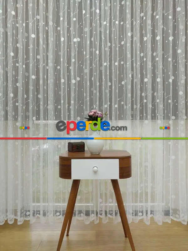 Genç Odası - Ft Serisi Daire Cizgili Halkalı Topcuklu Tül Perde- Ekru